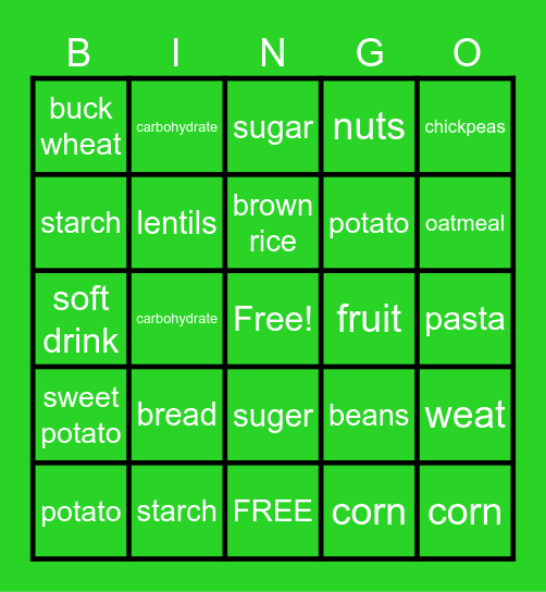 carbohydrates Bingo Card