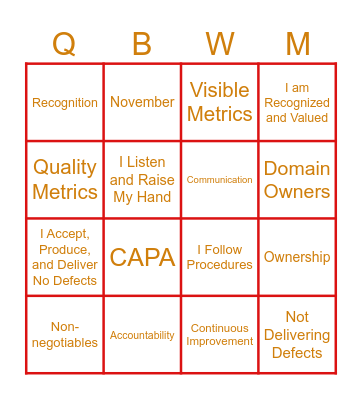 World Quality Month Bingo Card