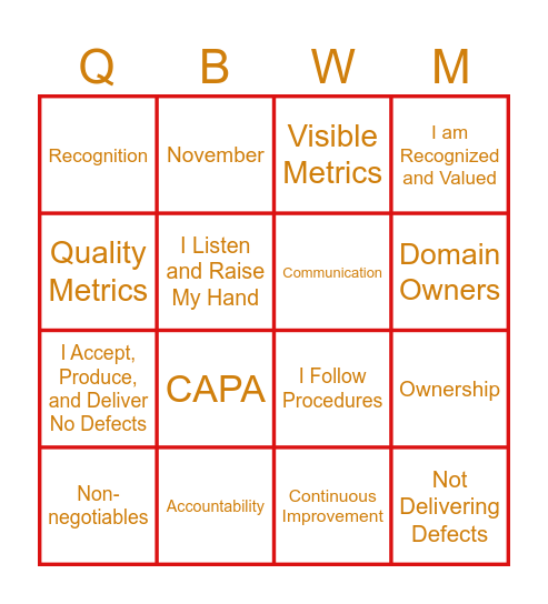 World Quality Month Bingo Card