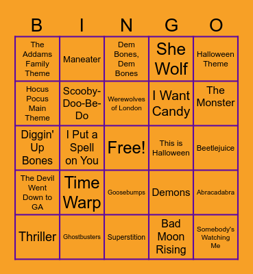 Halloween Music Bingo Card