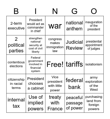 Early Nation - Precedents Bingo Card