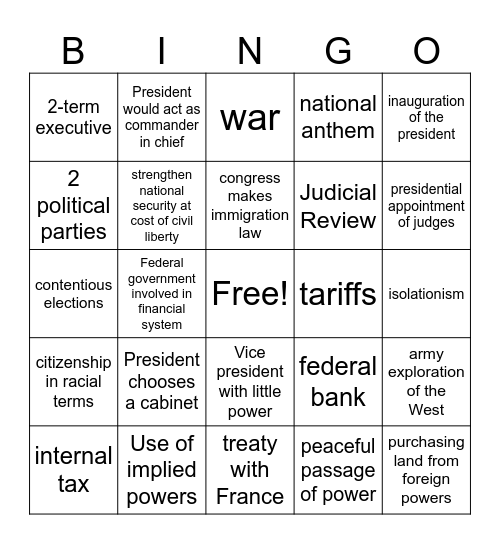 Early Nation - Precedents Bingo Card