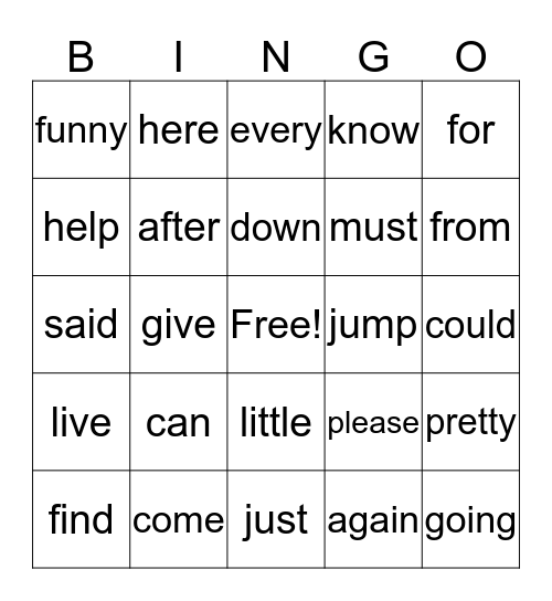 Sebastian's Word List Bingo Card