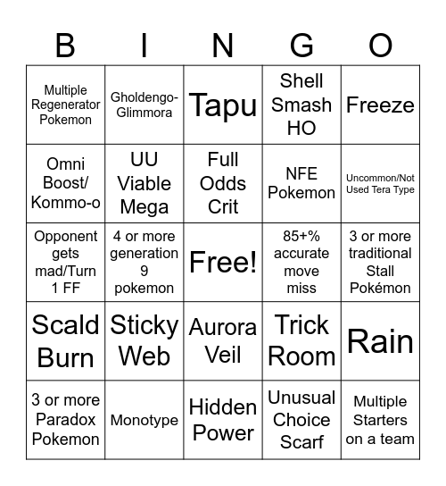 Pokémon Showdown National Dex Ladder Bingo Card