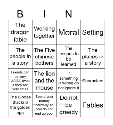Aesop's Fables Bingo Card
