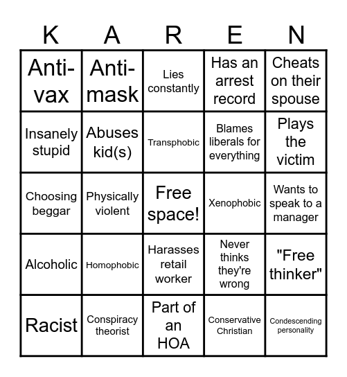 Karen Bingo Card