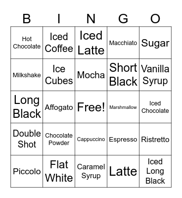 Espresso Coffee Beverages Bingo Card