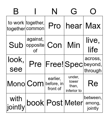 Prefix and Suffix Bingo Card