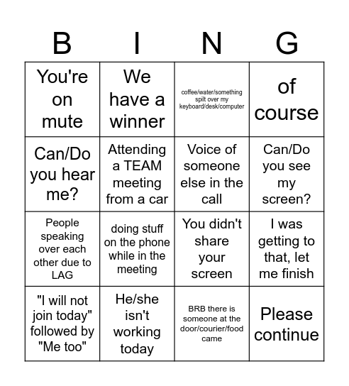 The MIC Team BINGO Card