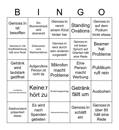 Das große Stadtparteitags Aktions-BINGO Card