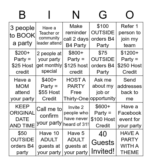 HOSTESS BINGO!  Bingo Card