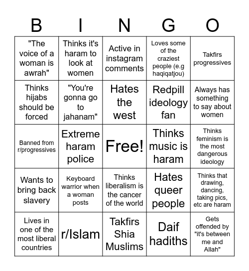 Conservative Muslim Bingo Card
