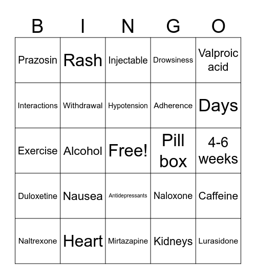 Mental Health Medications Bingo Card