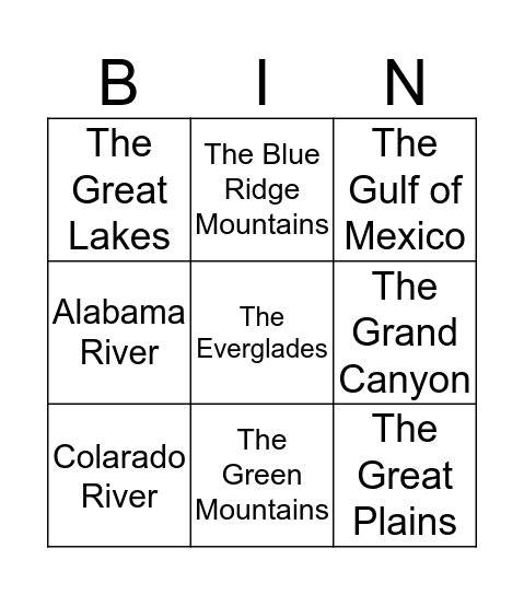 United States Region Bingo  Bingo Card