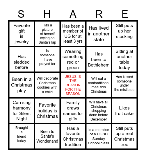 UGBC Women's CHRISTMAS Fellowship Bingo Card