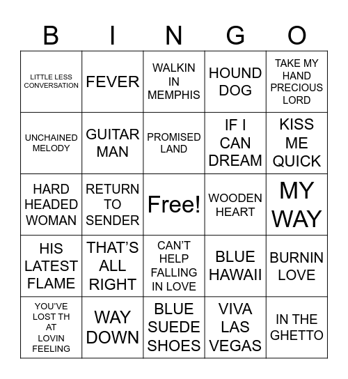ELVIS SONGS Bingo Card