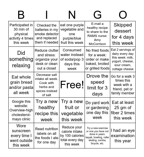 GSD WELLNESS BINGO Card