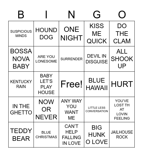 ELVIS SONGS Bingo Card
