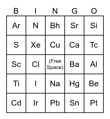 Periodic Table Bingo Card