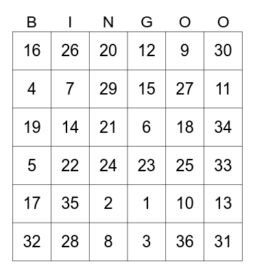 Reverse Multiplication Bingo Card