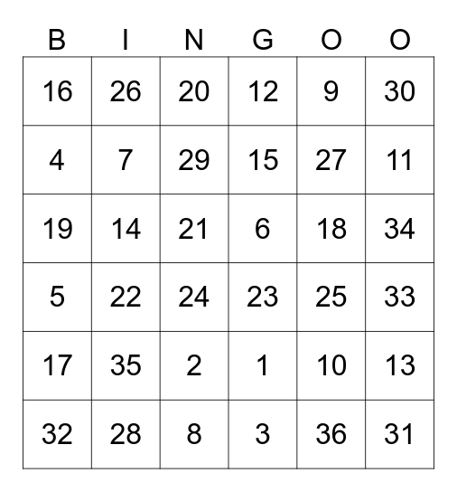 Reverse Multiplication Bingo Card