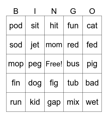 CVC Words Bingo Card