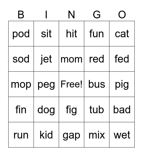 CVC Words Bingo Card