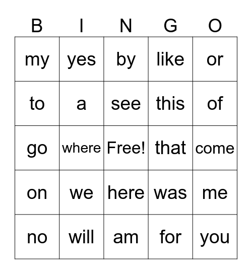 Kindergarten Sight Word Bingo Card