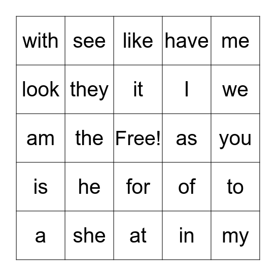 Sight Word Bingo Card