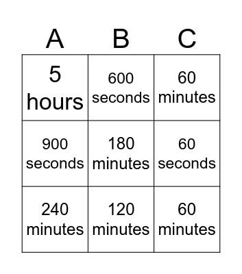 Time Conversion Bingo Card