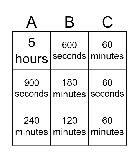 Time Conversion Bingo Card