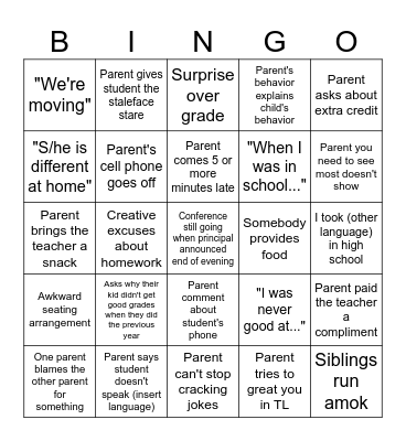 Parent/Teacher Conference Bingo Card
