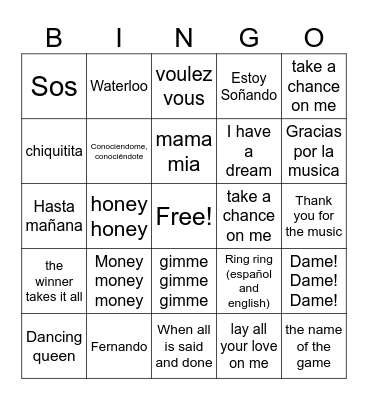 Abba bingo Card