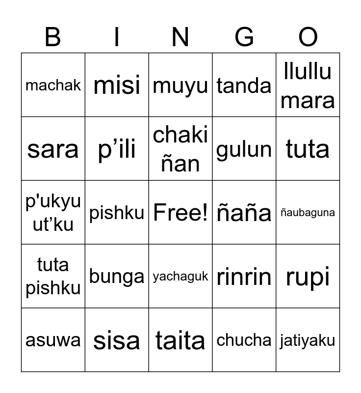 Salasaka Kichwa Bingo Card