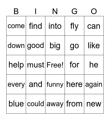 Sight Word Bingo Card