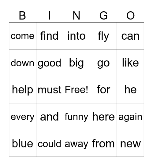 Sight Word Bingo Card