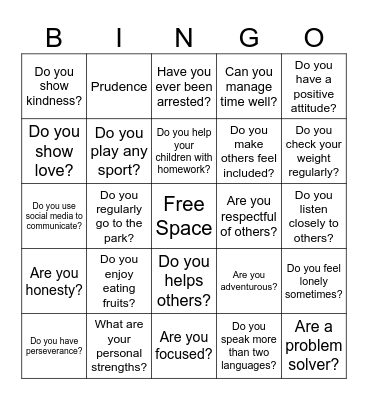 Personal Strengths Bingo Card