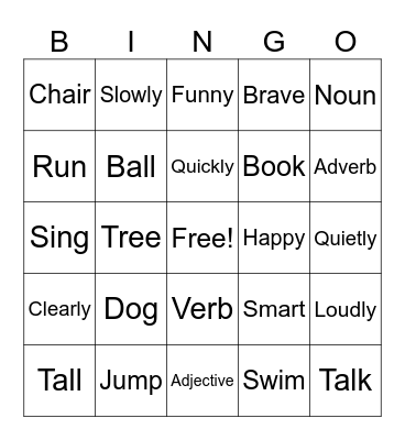 Parts Of Speech Bingo Card