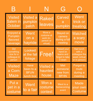 BFUN Fall Bingo! Bingo Card