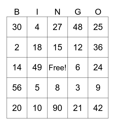 Multiplication Bingo Card