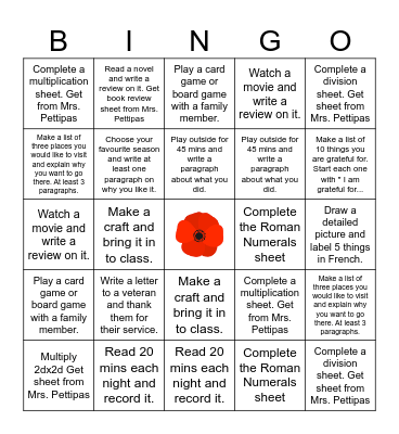 November Homework Bingo Card