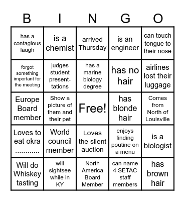 Get to Know your fellow SETAC'ers Bingo Card