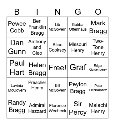 Alas, Babylon Character Bingo Card