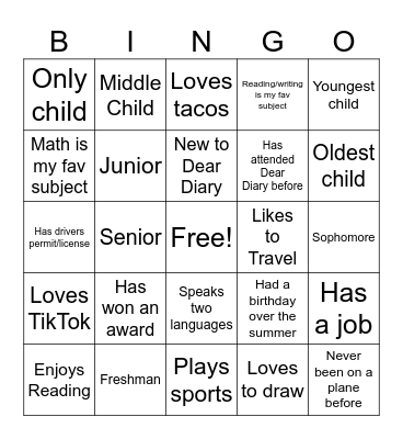 Dear Diary Bingo Card