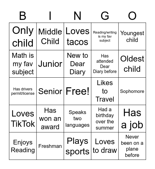 Dear Diary Bingo Card