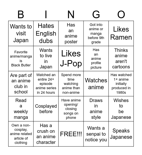 MANGA/ANIME BINGO Card