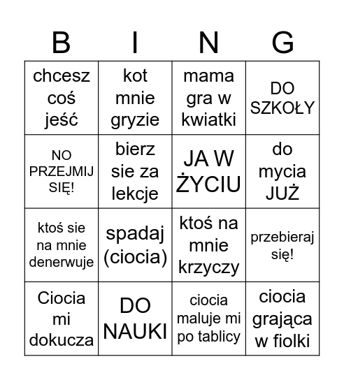 tylko ja 12345678900987654321 Bingo Card