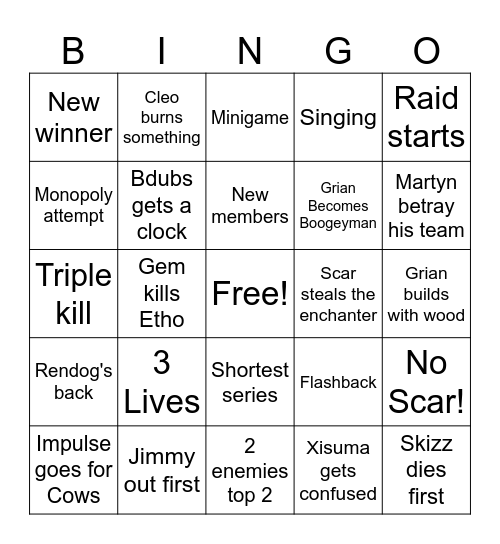 5th life Bingo Card