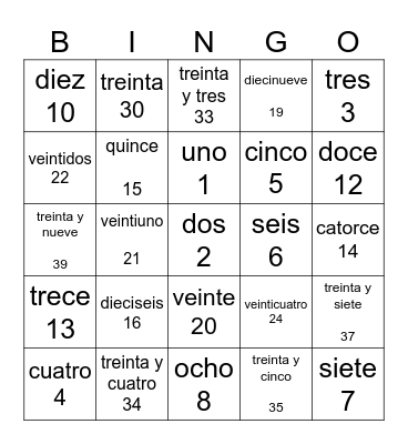 Numeros 0-40 Bingo Card