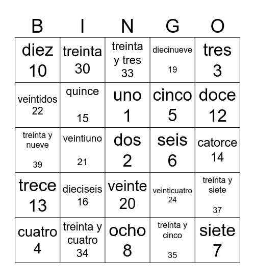 Numeros 0-40 Bingo Card